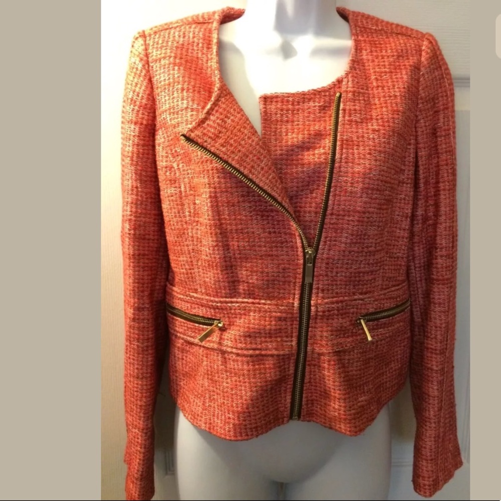 New ETCETERA Tweed Moto Jacket Coral Orange Pink Gold Zip Coat Motorcycle Knit